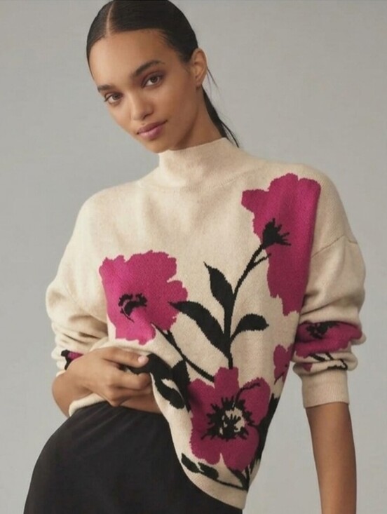Anthropologie Sweaters - Anthropologie Maeve The Carys Mock-Neck Pullover Cream Floral S Boho